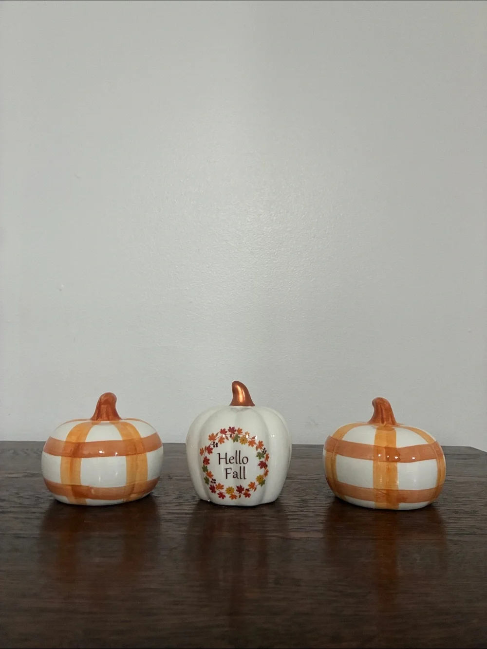 NWT- Hello Fall & Orange & White Striped Ceramic Pumpkins Trio